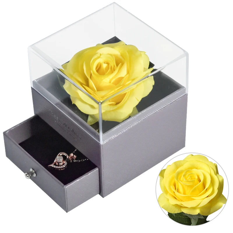 Eternal Rose Jewelry Box Preserved Flower Ring Storage Case with Necklace Forever Love Birthday Anniversary Gift for Girls Women