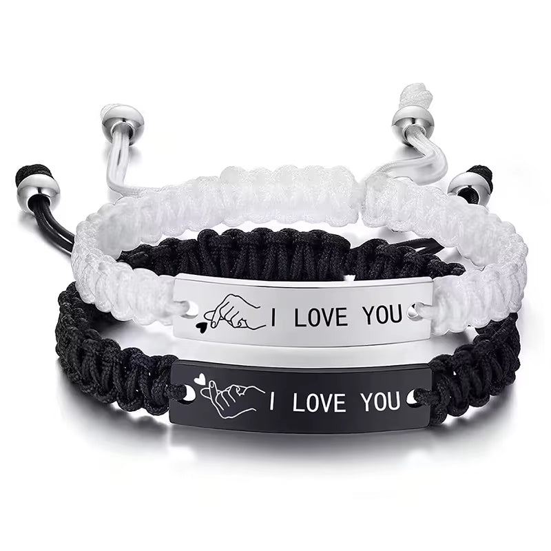 2-Piece I Love You Finger Heart Stainless Steel Couple Bracelet Set - Black and White Woven Bracelets for Lovers - Ideal Valentine Gifts