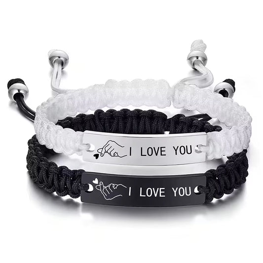 2-Piece I Love You Finger Heart Stainless Steel Couple Bracelet Set - Black and White Woven Bracelets for Lovers - Ideal Valentine Gifts