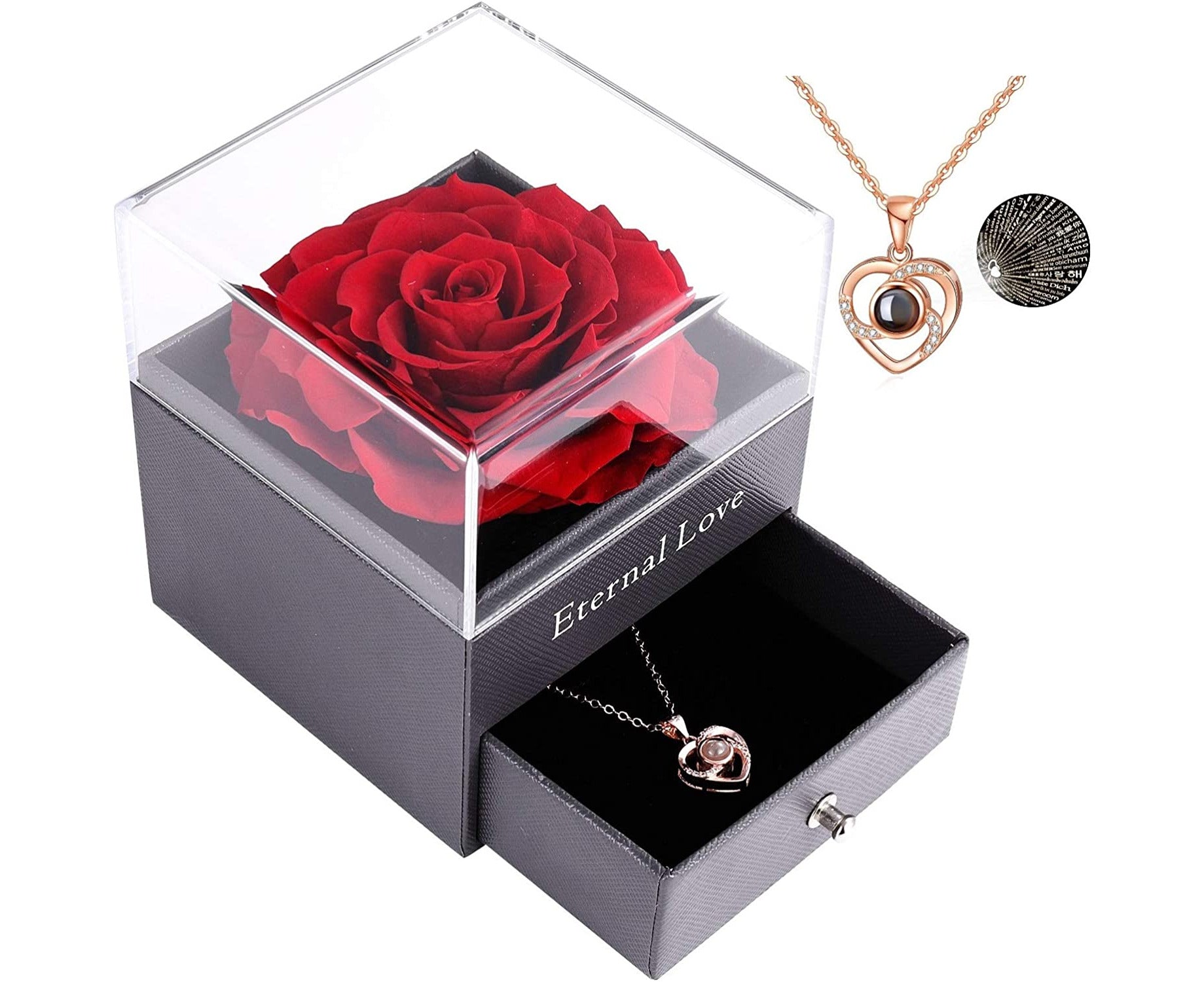 Preserved Rose with I Love You Necklace 100 Languages Jewelry Gift Box