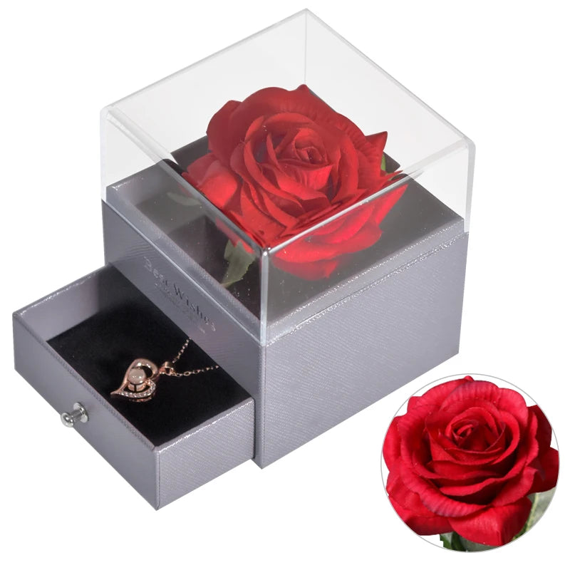 Eternal Rose Jewelry Box Preserved Flower Ring Storage Case with Necklace Forever Love Birthday Anniversary Gift for Girls Women