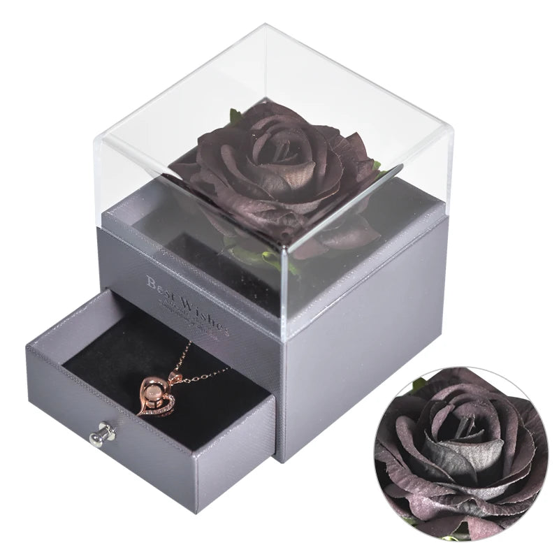 Eternal Rose Jewelry Box Preserved Flower Ring Storage Case with Necklace Forever Love Birthday Anniversary Gift for Girls Women