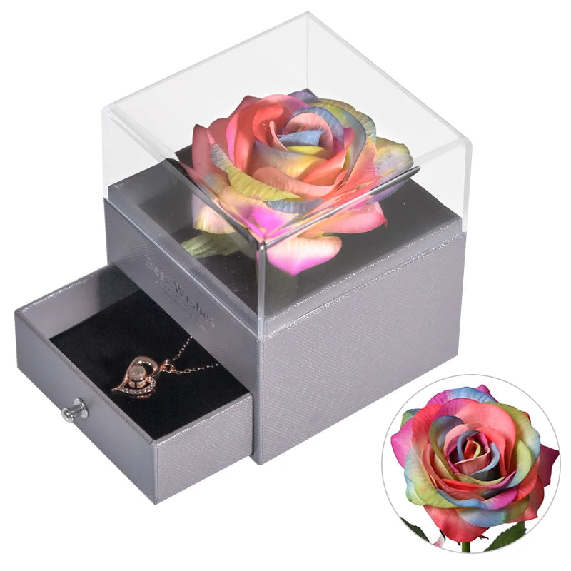 Eternal Rose Jewelry Box Preserved Flower Ring Storage Case with Necklace Forever Love Birthday Anniversary Gift for Girls Women