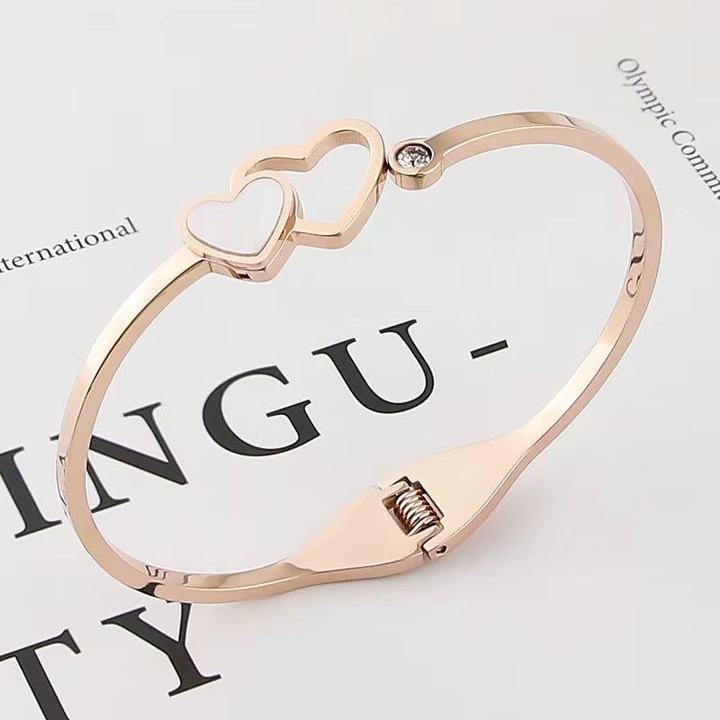 Stainless Steel Hollow Heart Crystal Shell Bracelet - Elegant Opening Bangle for Women's Love Gifts, Wholesale Availability