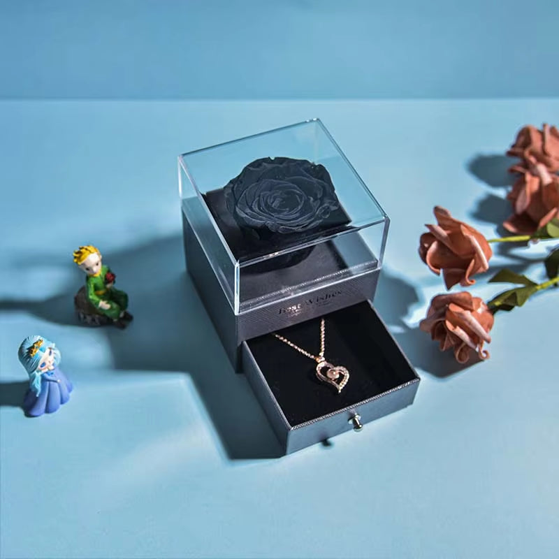 Eternal Rose Jewelry Box Preserved Flower Ring Storage Case with Necklace Forever Love Birthday Anniversary Gift for Girls Women