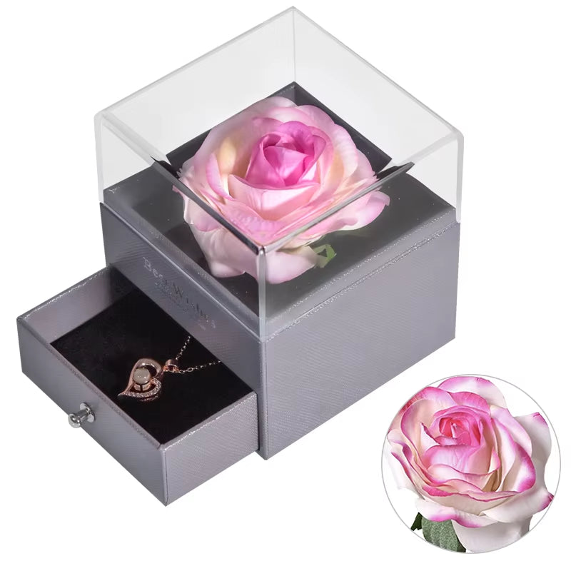 Eternal Rose Jewelry Box Preserved Flower Ring Storage Case with Necklace Forever Love Birthday Anniversary Gift for Girls Women