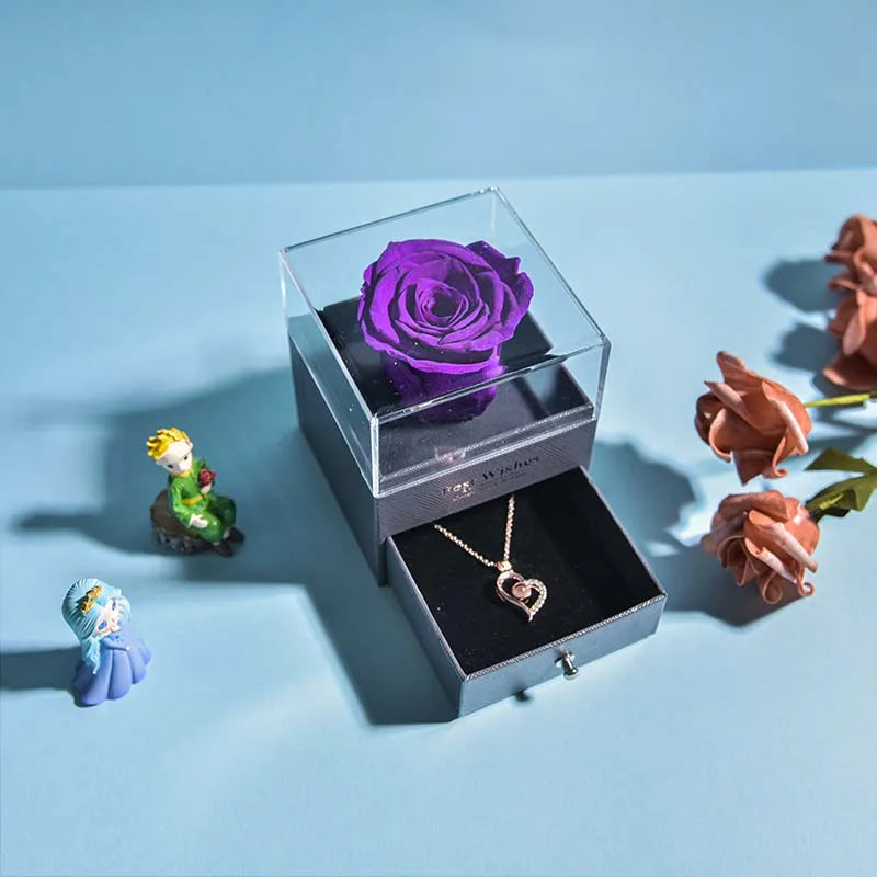 Eternal Rose Jewelry Box Preserved Flower Ring Storage Case with Necklace Forever Love Birthday Anniversary Gift for Girls Women