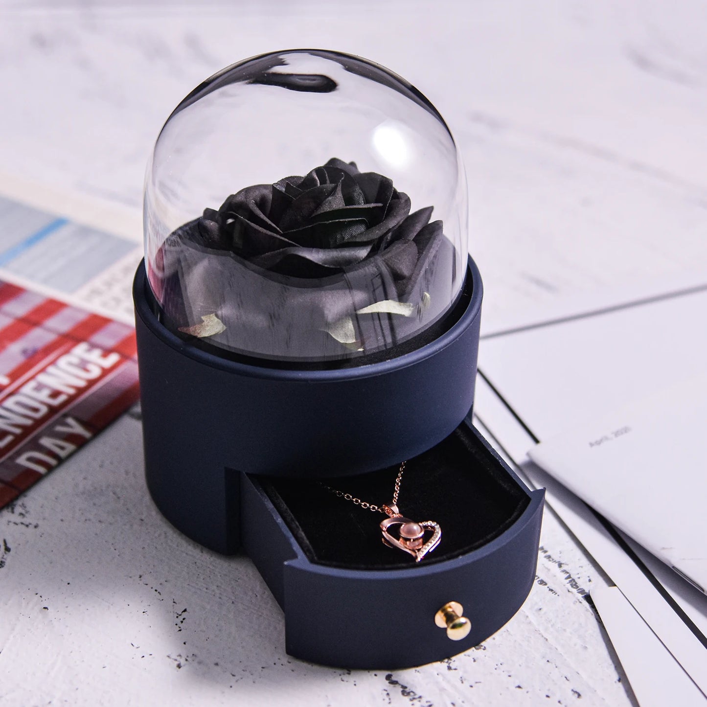 Eternal Rose Jewelry Box Preserved Flower Ring Storage Case with Necklace Forever Love Birthday Anniversary Gift for Girls Women