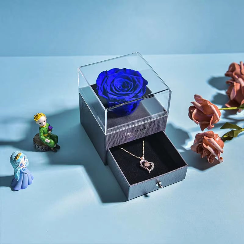 Eternal Rose Jewelry Box Preserved Flower Ring Storage Case with Necklace Forever Love Birthday Anniversary Gift for Girls Women