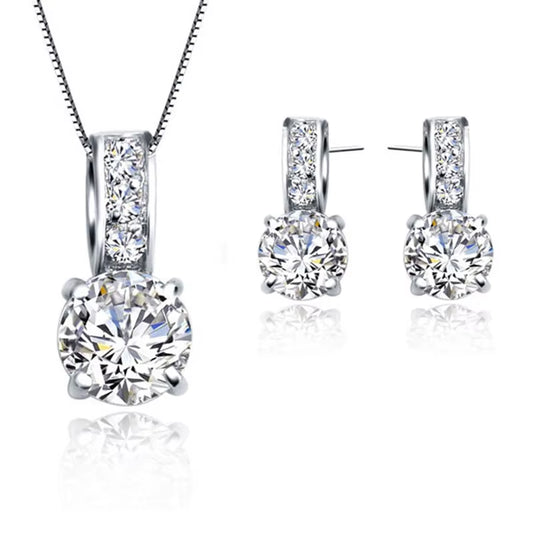 925 Sterling Silver Classic Bridal Jewelry Set with Cubic Zirconia Pendant Necklace and Stud Earrings for Women and Girls