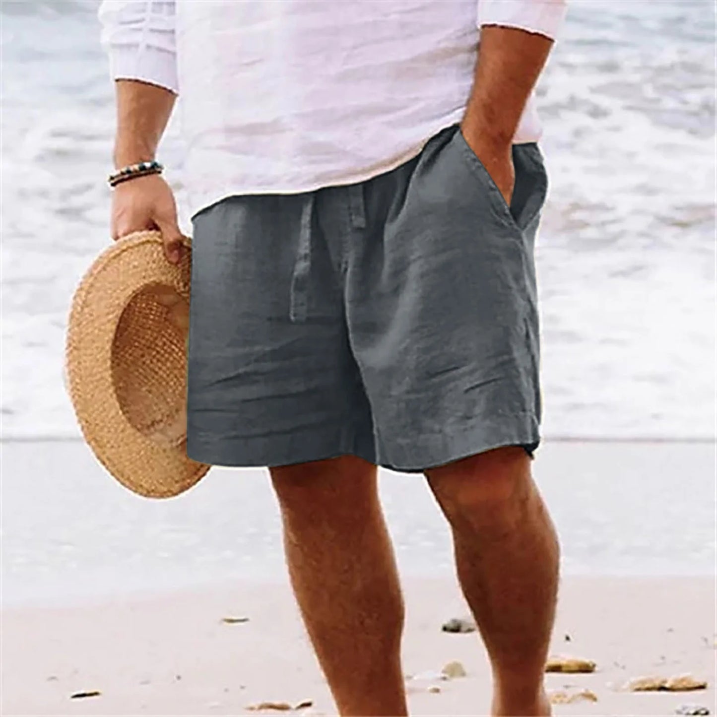 Mens Linen Shorts Casual Solid Color Elastic Waist Straight Knee Length Shorts Breathable Beach Shorts