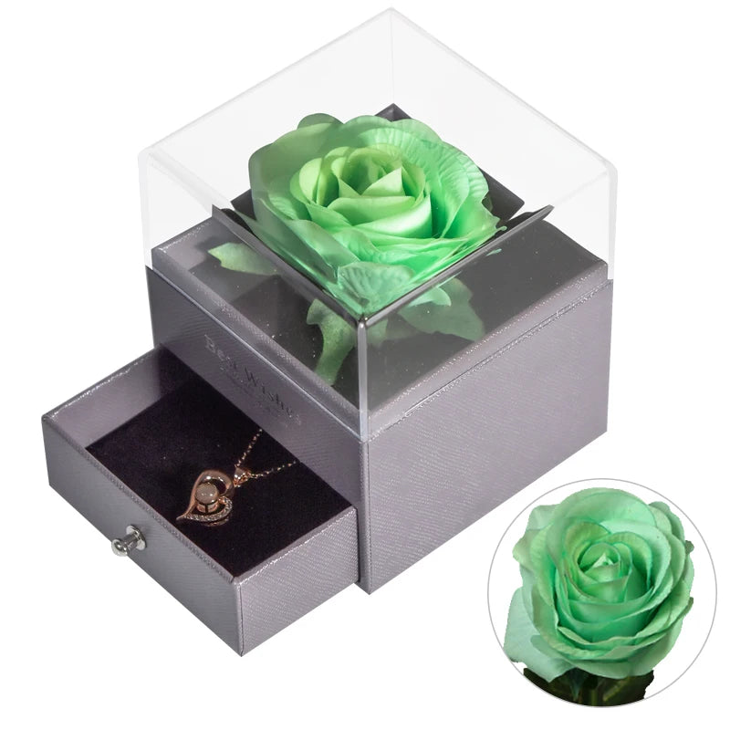 Eternal Rose Jewelry Box Preserved Flower Ring Storage Case with Necklace Forever Love Birthday Anniversary Gift for Girls Women