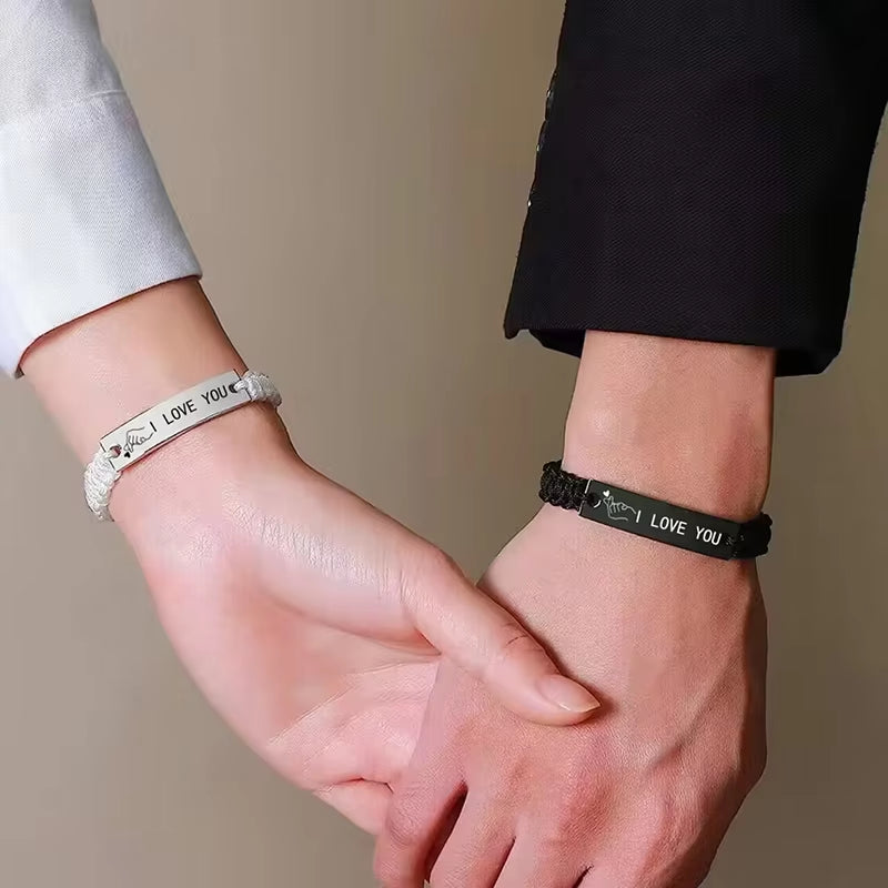 2-Piece I Love You Finger Heart Stainless Steel Couple Bracelet Set - Black and White Woven Bracelets for Lovers - Ideal Valentine Gifts