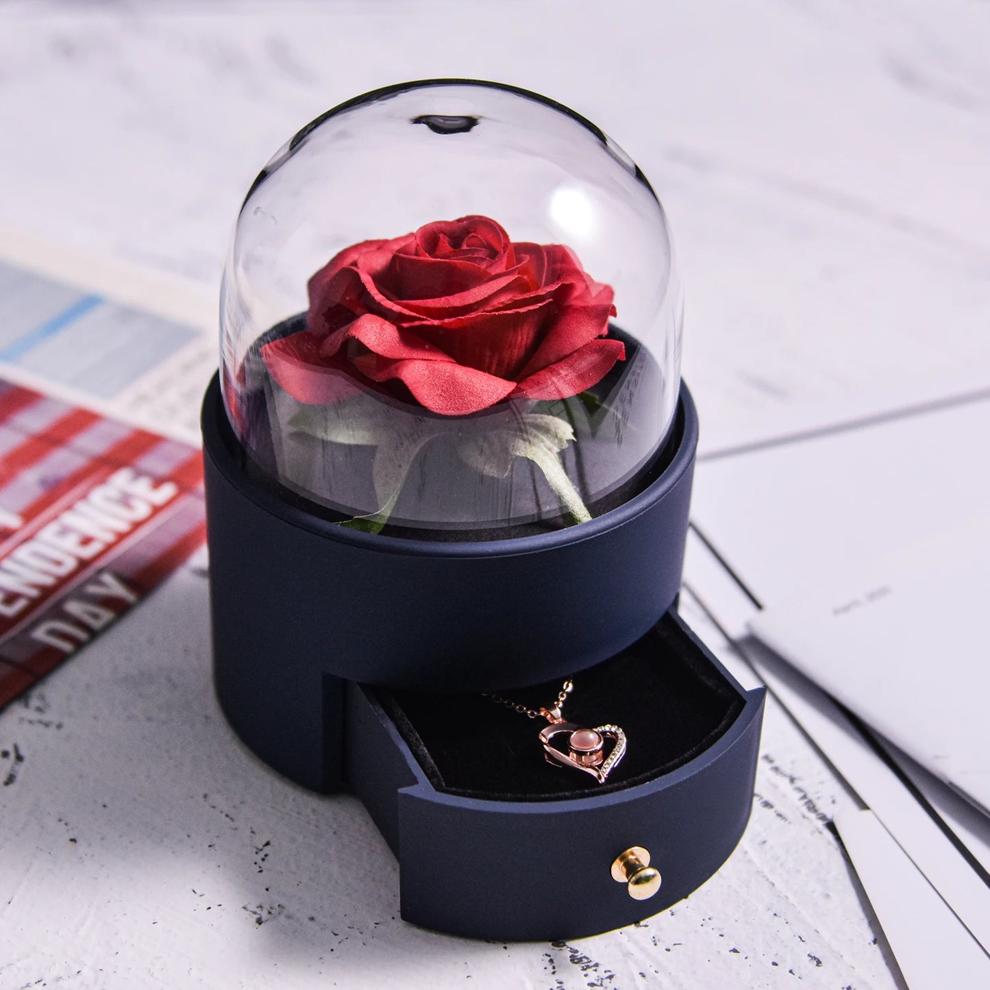 Eternal Rose Jewelry Box Preserved Flower Ring Storage Case with Necklace Forever Love Birthday Anniversary Gift for Girls Women