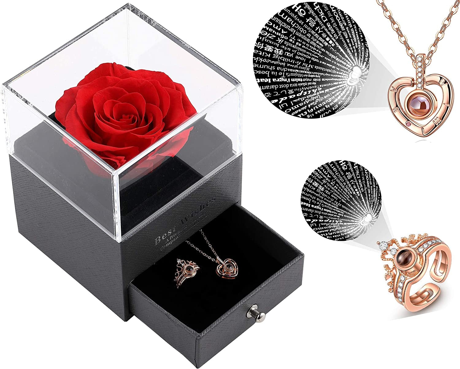 Preserved Real Rose Gift Box Enchanted Rose with I Love You Necklace