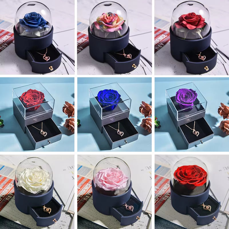 Eternal Rose Jewelry Box Preserved Flower Ring Storage Case with Necklace Forever Love Birthday Anniversary Gift for Girls Women