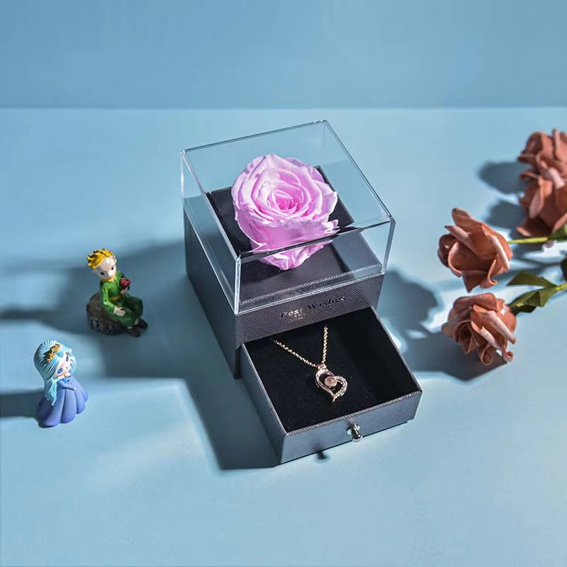 Eternal Rose Jewelry Box Preserved Flower Ring Storage Case with Necklace Forever Love Birthday Anniversary Gift for Girls Women