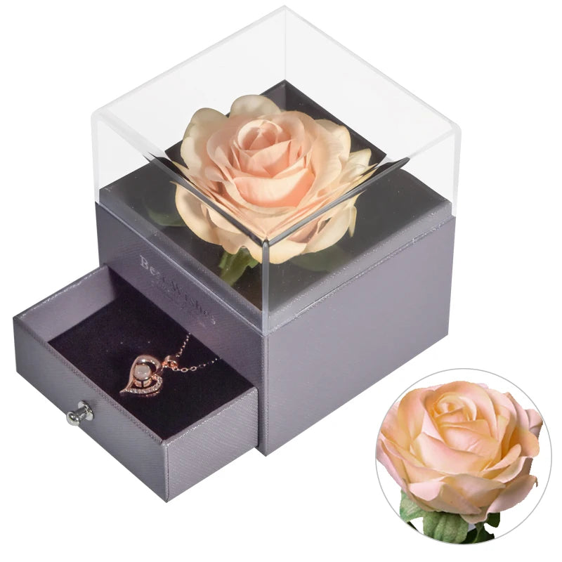 Eternal Rose Jewelry Box Preserved Flower Ring Storage Case with Necklace Forever Love Birthday Anniversary Gift for Girls Women