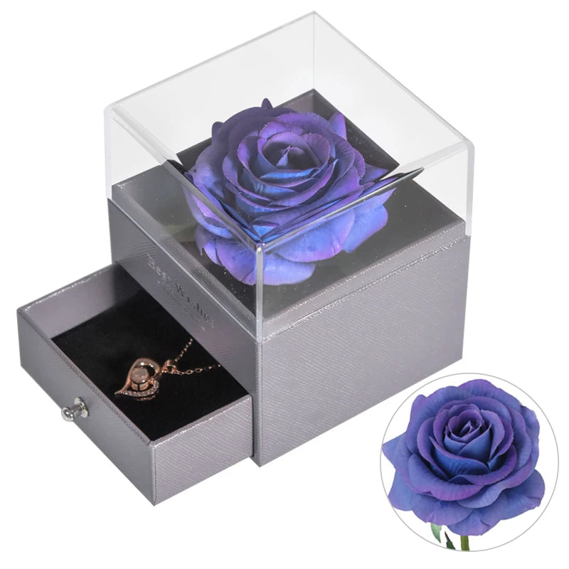 Eternal Rose Jewelry Box Preserved Flower Ring Storage Case with Necklace Forever Love Birthday Anniversary Gift for Girls Women