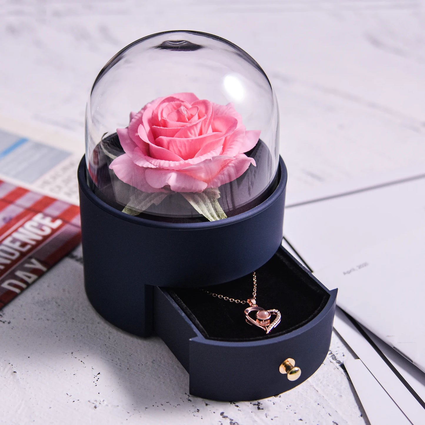 Eternal Rose Jewelry Box Preserved Flower Ring Storage Case with Necklace Forever Love Birthday Anniversary Gift for Girls Women