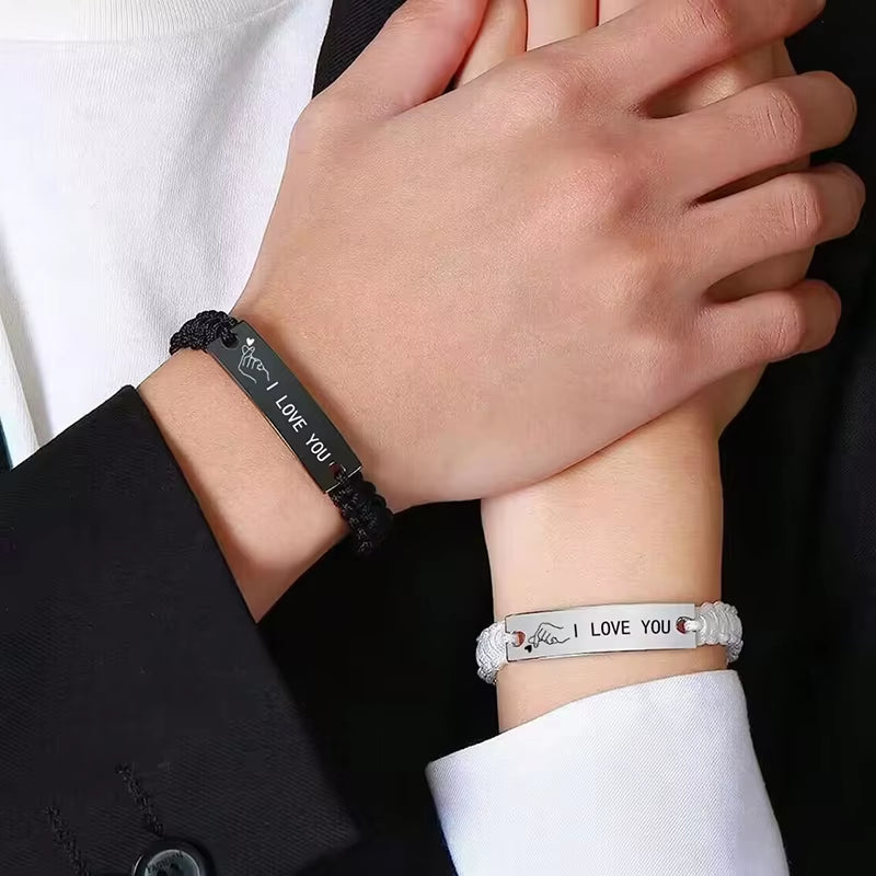 2-Piece I Love You Finger Heart Stainless Steel Couple Bracelet Set - Black and White Woven Bracelets for Lovers - Ideal Valentine Gifts