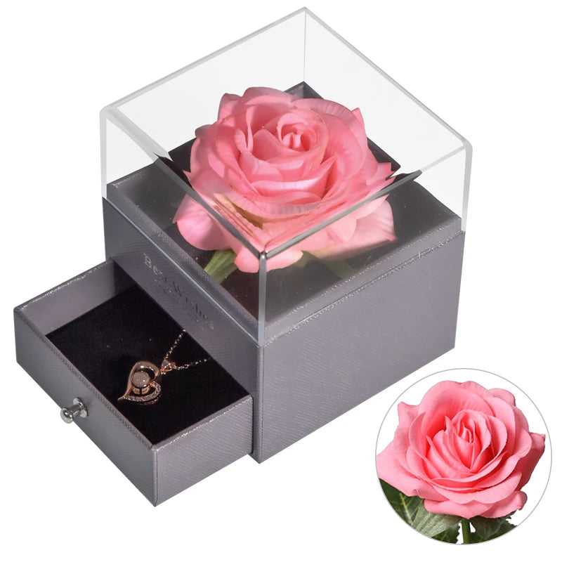 Eternal Rose Jewelry Box Preserved Flower Ring Storage Case with Necklace Forever Love Birthday Anniversary Gift for Girls Women