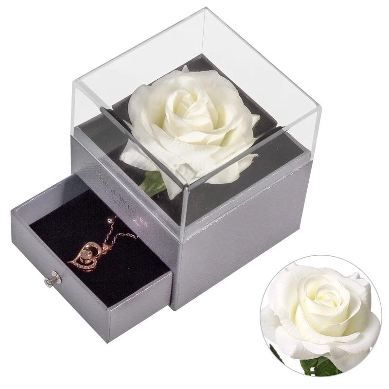 Eternal Rose Jewelry Box Preserved Flower Ring Storage Case with Necklace Forever Love Birthday Anniversary Gift for Girls Women