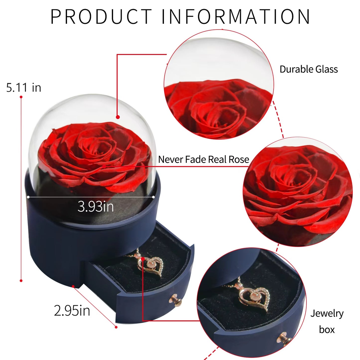 Eternal Rose Jewelry Box Preserved Flower Ring Storage Case with Necklace Forever Love Birthday Anniversary Gift for Girls Women