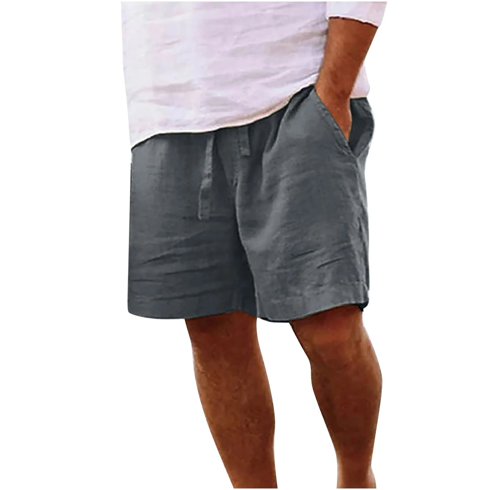 Mens Linen Shorts Casual Solid Color Elastic Waist Straight Knee Length Shorts Breathable Beach Shorts