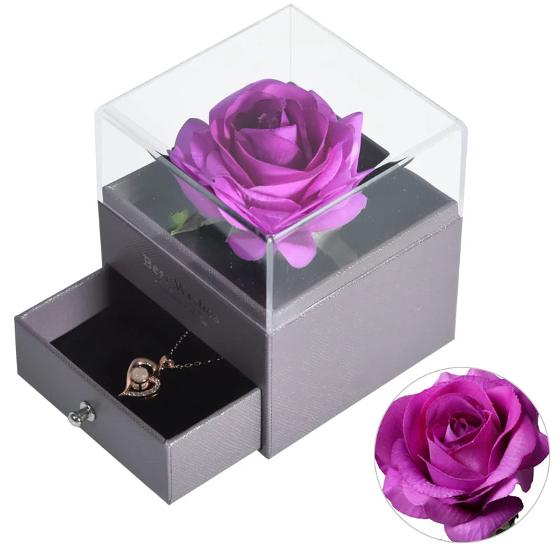 Eternal Rose Jewelry Box Preserved Flower Ring Storage Case with Necklace Forever Love Birthday Anniversary Gift for Girls Women