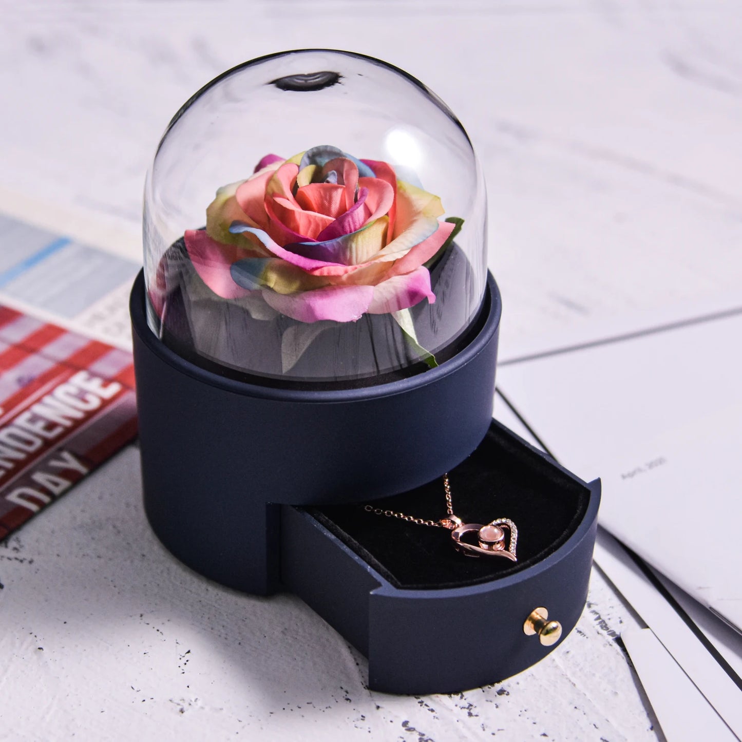 Eternal Rose Jewelry Box Preserved Flower Ring Storage Case with Necklace Forever Love Birthday Anniversary Gift for Girls Women