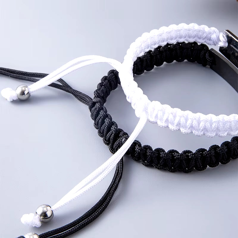 2-Piece I Love You Finger Heart Stainless Steel Couple Bracelet Set - Black and White Woven Bracelets for Lovers - Ideal Valentine Gifts